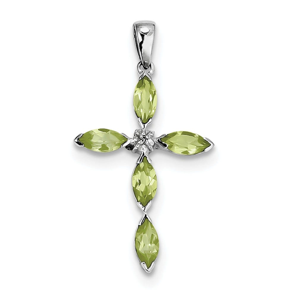Sterling Silver Rhodium Peridot & Diamond Cross Pendant