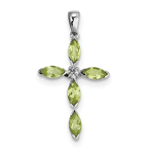 Sterling Silver Rhodium Peridot & Diamond Cross Pendant