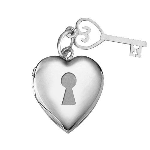 14k White Gold Key Charm Heart Photo Locket