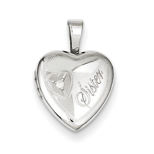 Sterling Silver Baby Polished Sister Heart Locket with Genuine Diamond