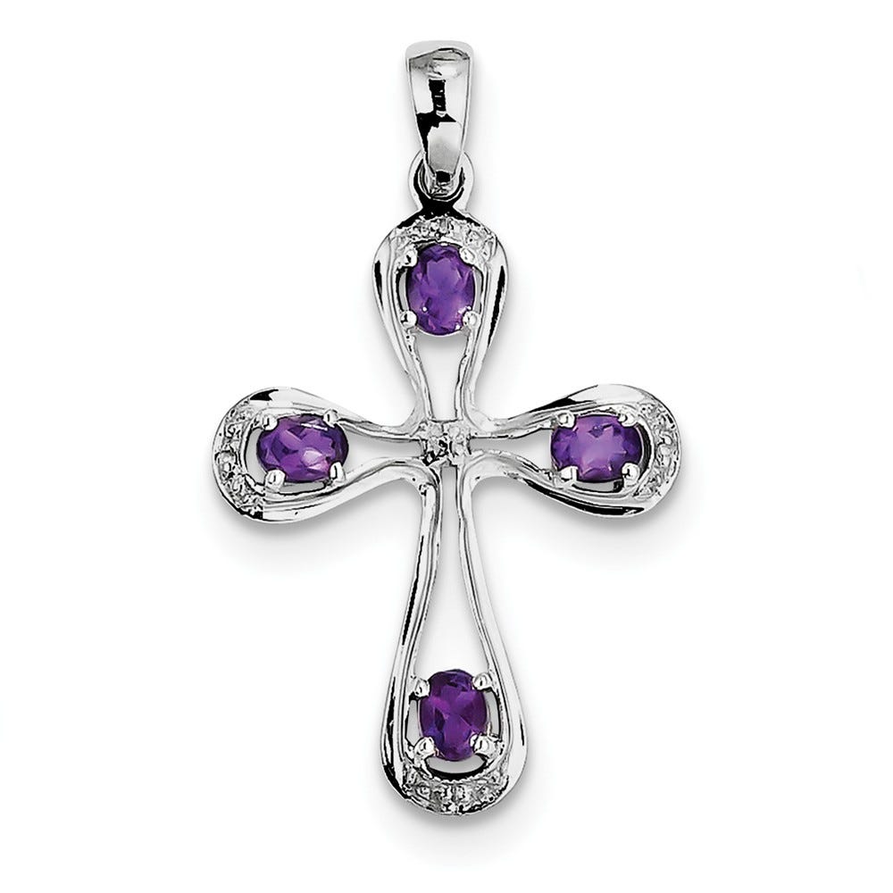 Sterling Silver Rhodium Amethyst & Diamond Cross Pendant