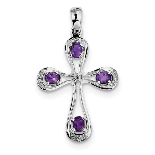 Sterling Silver Rhodium Amethyst & Diamond Cross Pendant