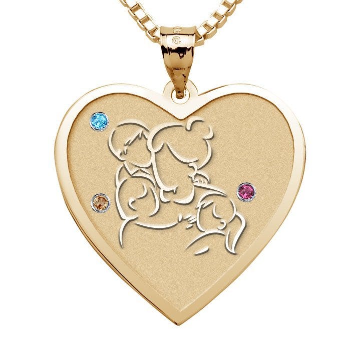 Mother with Son and 2 Daughters Heart Pendant with Birthstones