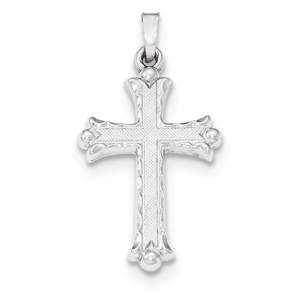 14K White Gold Textured and Polished Fleur de lis Cross Pendant