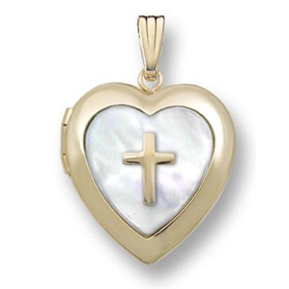 14k Gold Filled Mother of Pearl Cross Heart Photo Locket - 3/4 inch x 3/4 inch
