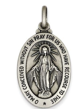 Sterling Silver Antiqued Miraculous Medal Pendant Charm