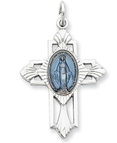 Sterling Silver Miraculous Religious Medal Cross Pendant w/ Epoxy Resin