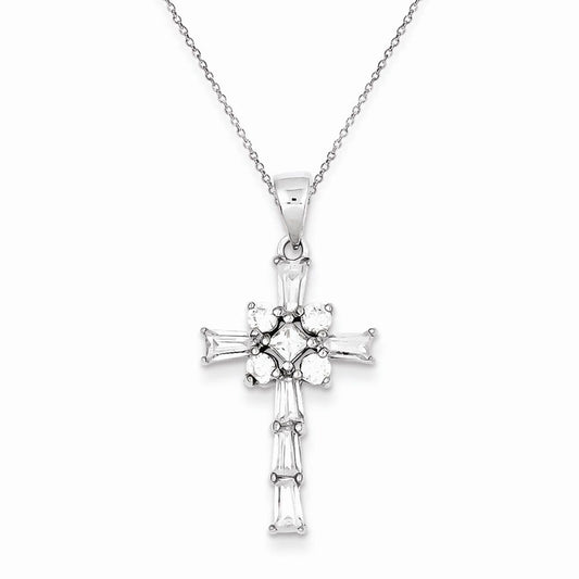 Sterling Silver Rhodium Plated CZ Latin Cross Pendant