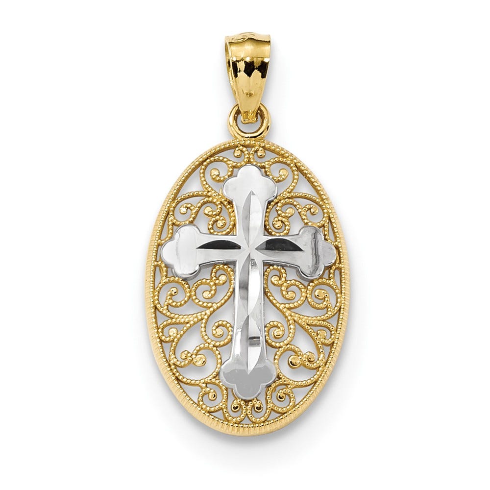 14k w/Rhodium Diamond-cut Cross in Filigree Charm