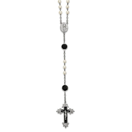 Silver-tone Black Enamel Black Swarovski Crystal & Glass Pearl Rosary