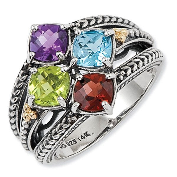 Sterling Silver & 14k Four-stone  Antiqued Mother's Ring