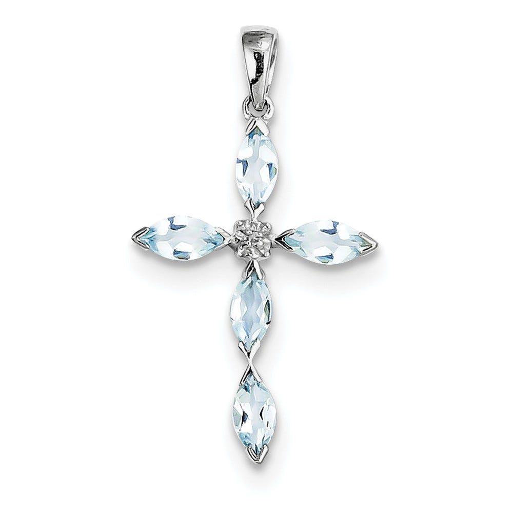 Sterling Silver Rhodium Aqua & Diamond Cross Pendant