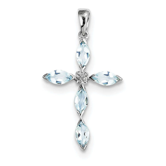 Sterling Silver Rhodium Aqua & Diamond Cross Pendant