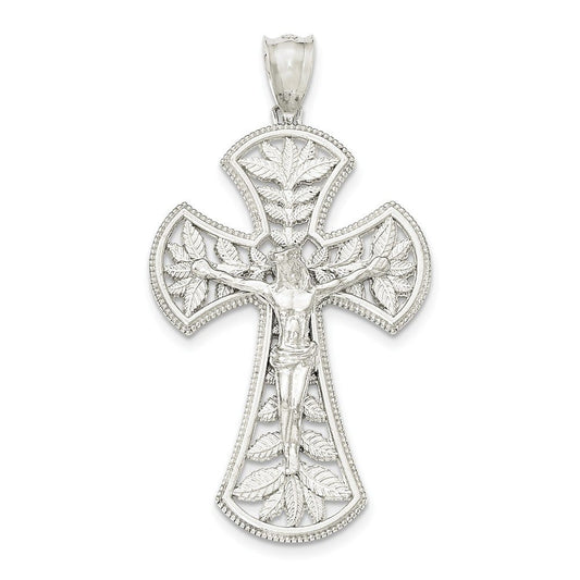 Sterling Silver Polished Leaf Large INRI Crucifix Pendant