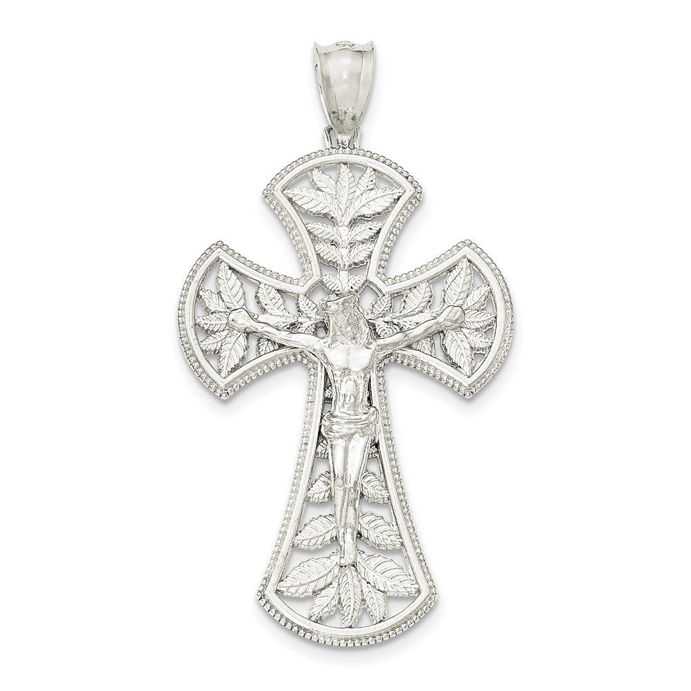 Sterling Silver Polished Leaf Large INRI Crucifix Pendant