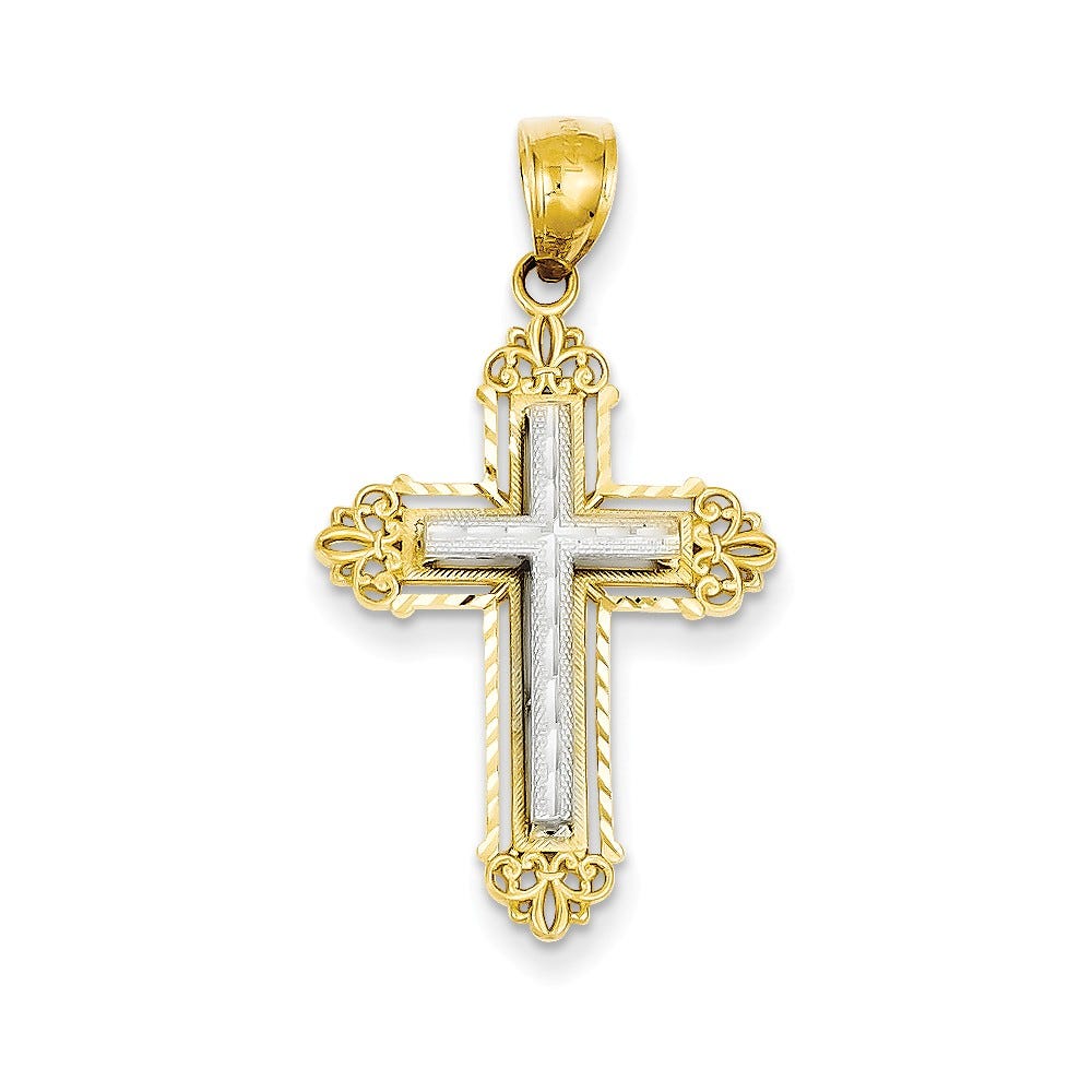 14k Two-tone Fleur De Lis Cross Pendant