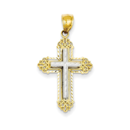 14k Two-tone Fleur De Lis Cross Pendant