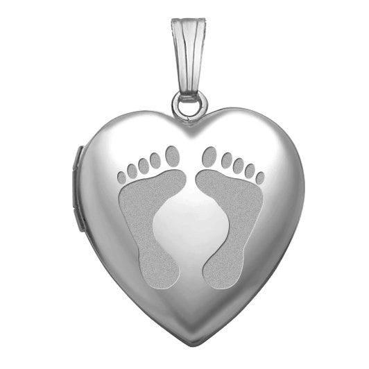14k White Gold Footprints Heart Photo Locket