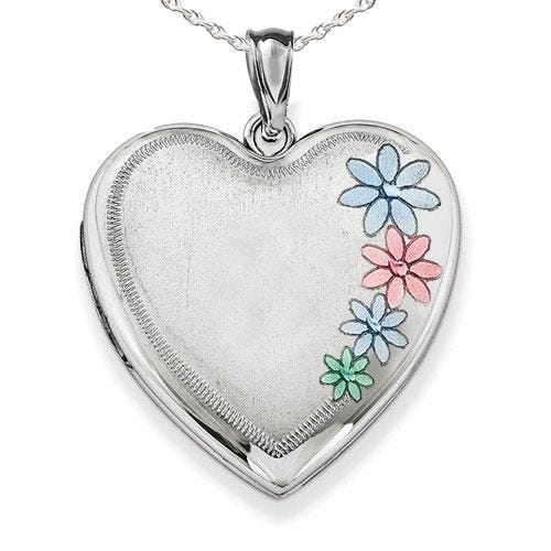 Sterling Silver Enameled Flower Heart Photo Locket