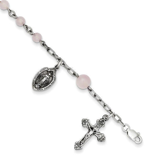 Sterling Silver  Rose quartz Rosary Bracelet /with Miraculous Medal - 6-1/2 Inch Sterling Silver Rosary Bracelet