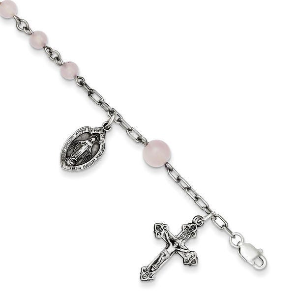 Sterling Silver  Round Flute Rosary Bracelet /with Miraculous Medal - 7 Inch Sterling Silver Rosary Bracelet