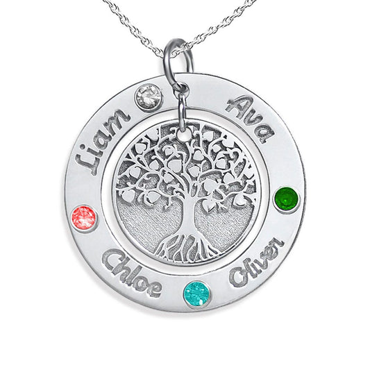 Personalized Round Family Tree Pendant with 4 Birthstones & Names