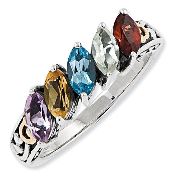 Sterling Silver & 14k Five-stone  Antiqued Mother's Ring