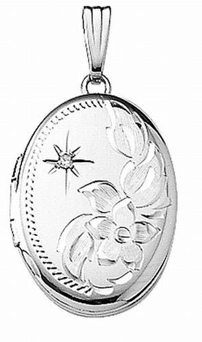 14k White Gold Engraved w/Diamond Oval Locket