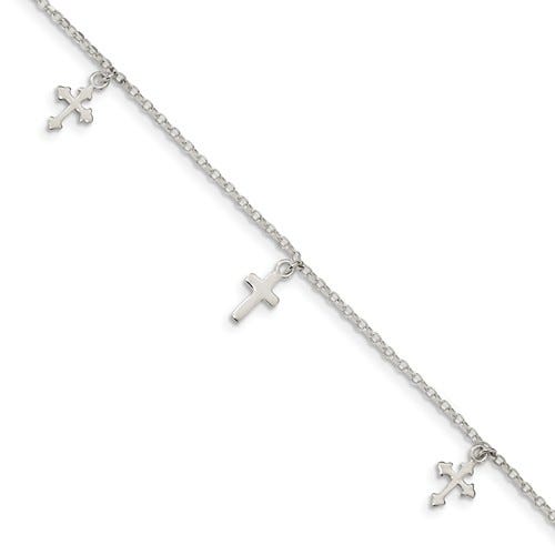Sterling Silver Cross Charm Anklet w/ 1 Inch ext.