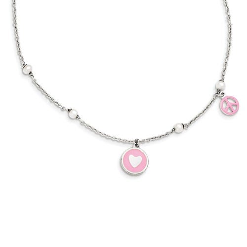 Sterling Silver Childrens Pearls & Enameled Peace Sign Charm Link Bracelet
