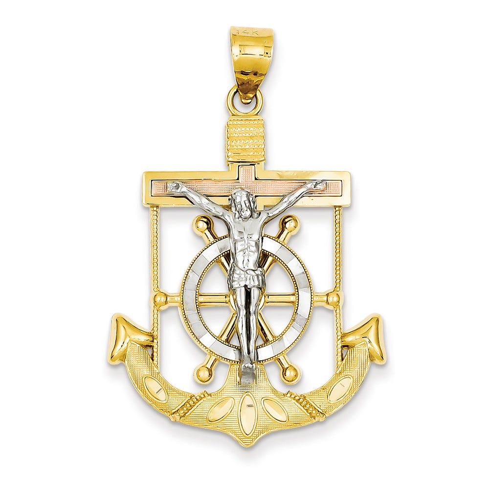14k Tri-color Diamond-cut w/Textured Mariner\'s Cross Pendant