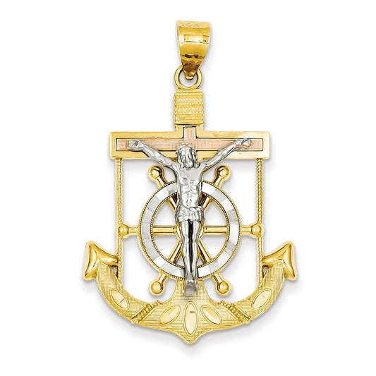 14k Tri-color Diamond-cut w/Textured Mariner\'s Cross Pendant