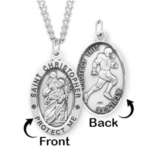 Sterling Silver Saint Christopher Double Sided Football Oval Religious Medal w/ Chain