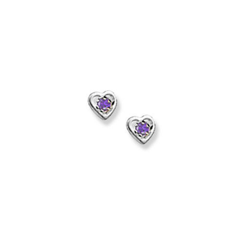 14K  White Gold Child's Genuine Amethyst "Heart" Birthstone Earrings