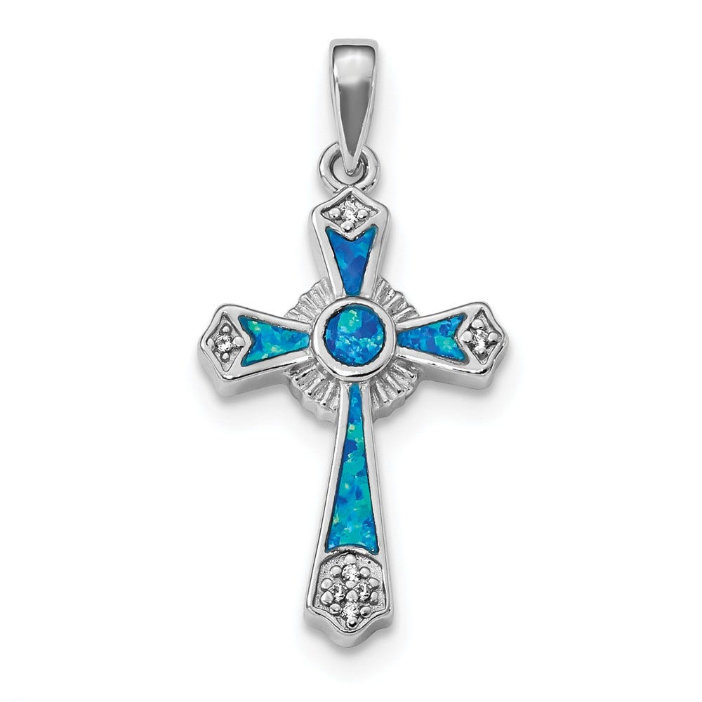 Sterling Silver Rhodium-plated CZ & Created Opal Cross Pendant