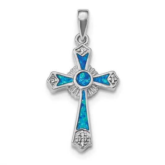 Sterling Silver Rhodium-plated CZ & Created Opal Cross Pendant