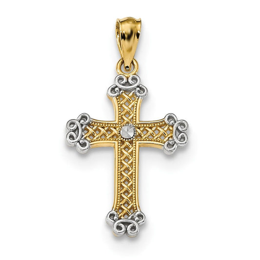 14k w/Rhodium Diamond-cut Filigree Cross Pendant