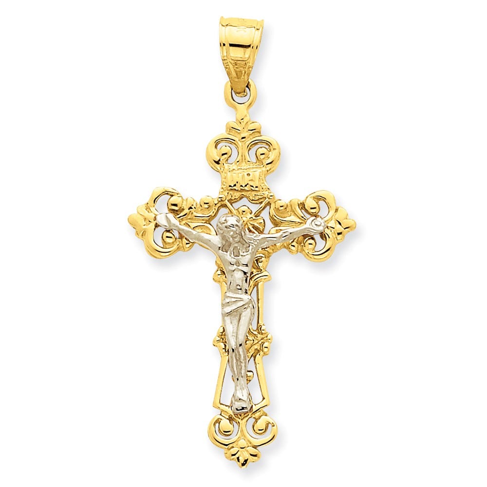 14k Two-tone INRI Fleur De Lis Crucifix Pendant