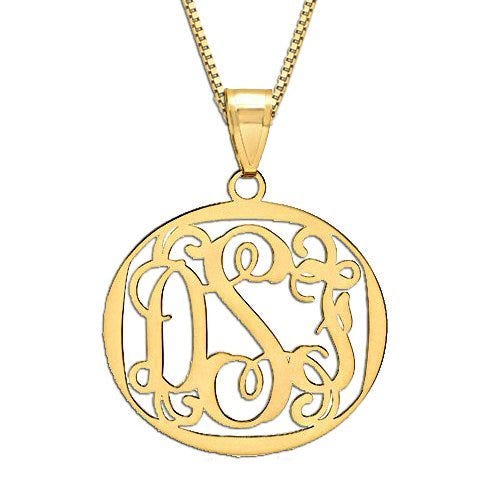 14K Yellow Gold Round Vine Script 3 Letter Monogram Cut-Out Pendant w/ Box Chain