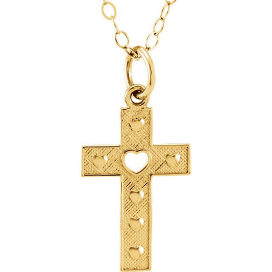14k Yellow Gold Heart Cut Out Children's Cross Pendant w/ 15" Chain Included