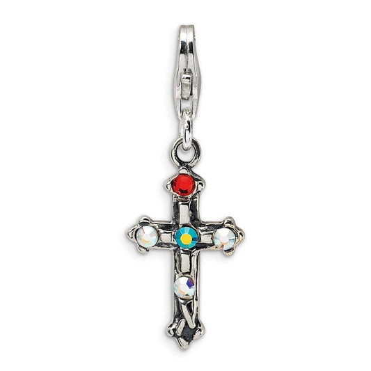 Sterling Silver Crystal Antiqued Cross w/Lob. Clasp Charm
