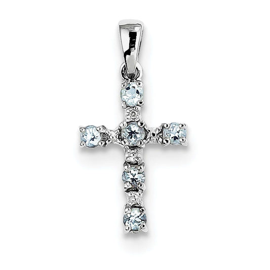 Sterling Silver Rhodium Aqua & Diamond Cross Pendant