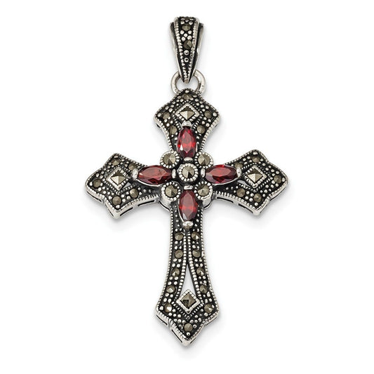 Sterling Silver Red CZ & Marcasite Cross Pendant