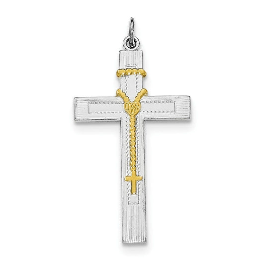 Sterling Silver Rhodium-plated & Gold-tone Rosary on Cross Pendant