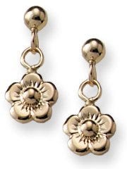 14K Yellow Gold Children's Post Earrings with Dangling Flower