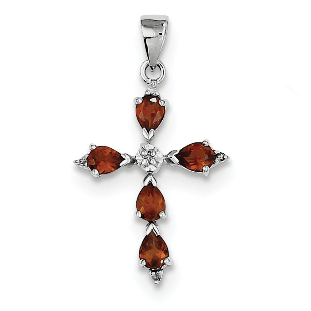 Sterling Silver Rhodium Pear Garnet Cross Pendant