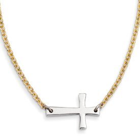 Stainless Steel Yellow Gold Plated Chain Sideways Cross 17" Necklace