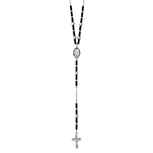 Sterling Silver & Black Glass Rosary Bead Necklace /with Black Enameled Saint Christopher Medal