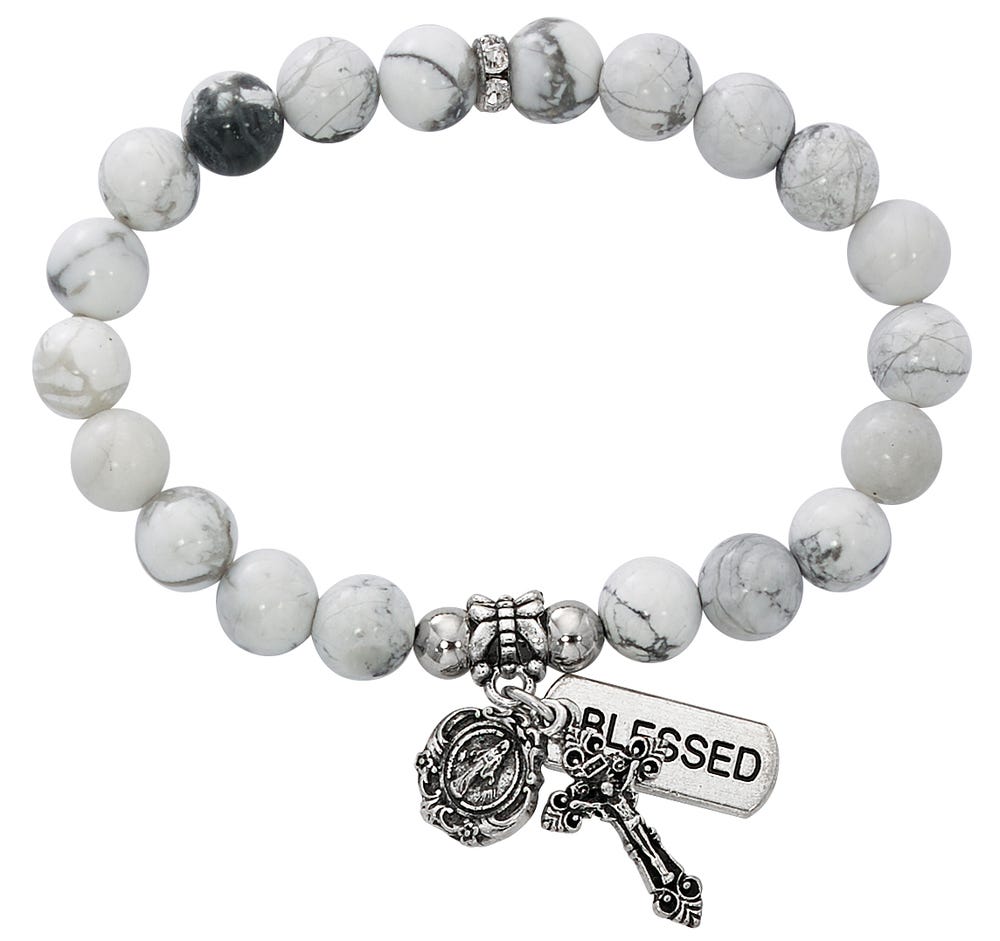 Two Decade Rosary Stretch Bracelet with Simulated Howlite Beads