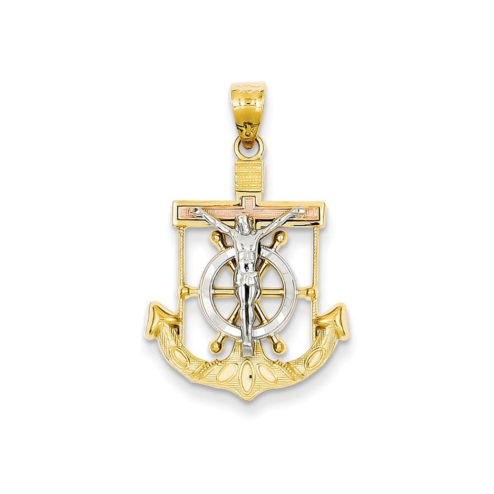 14k Tri-color Diamond-cut w/Textured Mariner\'s Cross Pendant